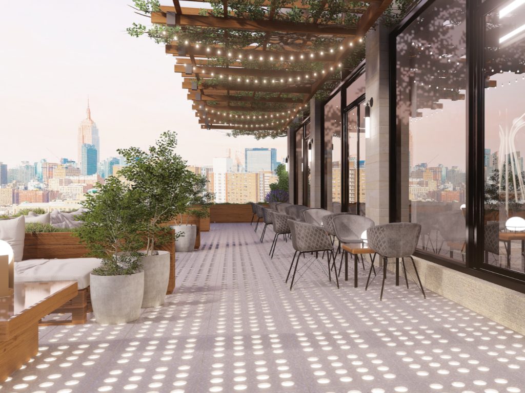 A rooftop patio with glass paver flooring